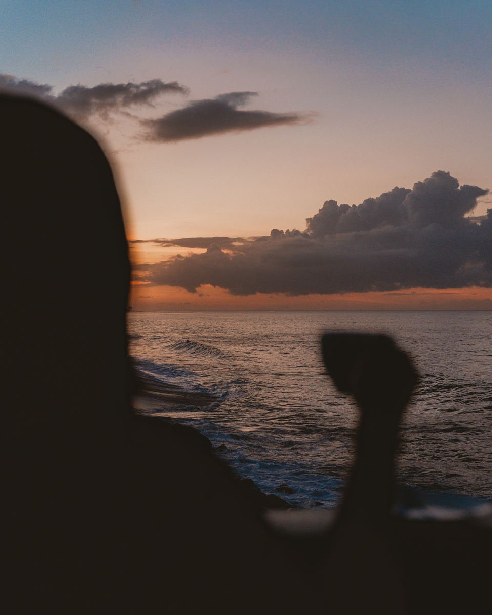 Silhouetted head and raised glass against a bruised orange sunset over the sea
